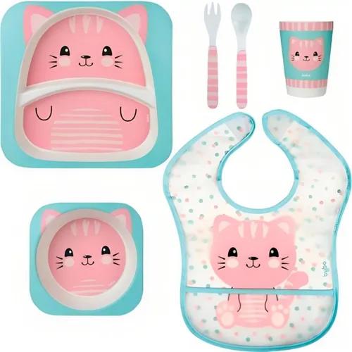 Kit Refeição Em Bambu Mais Babador Com Bolso Gatinho – Buba