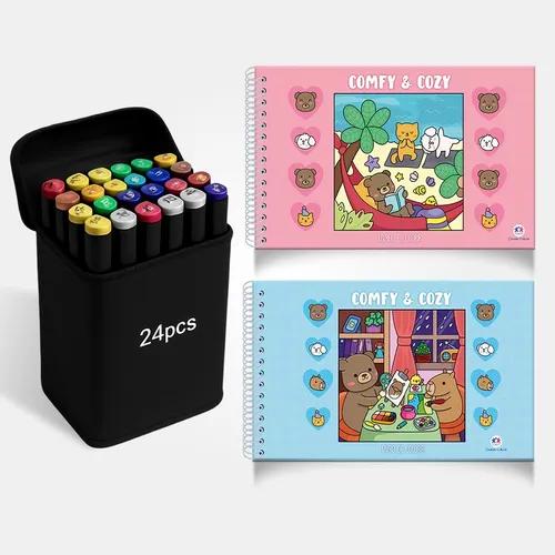 Livro Comfy E Cozy Capa Dura Espiral Com Marcadores Canetinhas Ponta Dupla