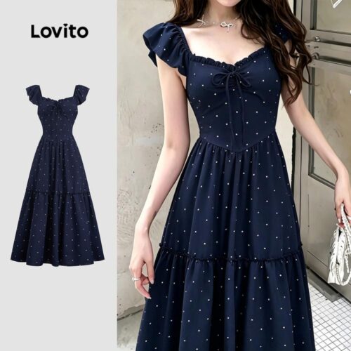 (New Arrival) Lovito Padrão de Elegante Bainha em Babado Amarração Frontal Azulescuro DRK8P2D652