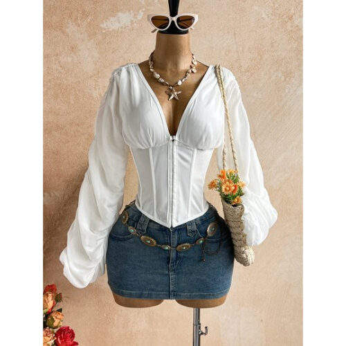 Soleia Novo Conjunto Casual de Volta às Aulas, Férias, Praia, Casamento Ocidental, Convidado, Formatura, Brunch, Roupa Feminina, Dia de São Patrício, Férias de Primavera, Páscoa, Festival de Música, Elegante, Boêmio, Tropical, Elegante, Corset, Manga Longa, Casaco, Top Feminino com Amarração nas Costas e Franzido – Tamanho XS