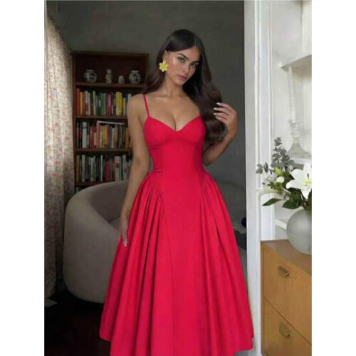 Vestido Camisole Feminino Vermelho de Verão, Cor Sólida com Recorte Lateral, Taça Franzida, Sexy, Elegante e Fashion, para Férias, Casamento e Encontro – Tamanho S