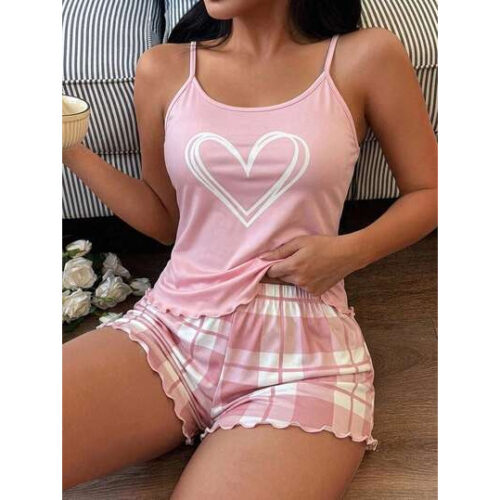 SHEIN Casual Underwear&Sleepwear Conjunto de Camiseta Regata e Shorts de Pijama com Estampa Xadrez em Formato de Coração para Mulheres – Tamanho XL