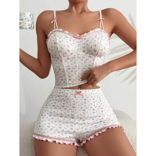 CottageSlumber Conjunto de pijama de Camiseta com Laço na Frente e Shorts em Estampa Floral Miúda, Conjunto Branco – Tamanho S