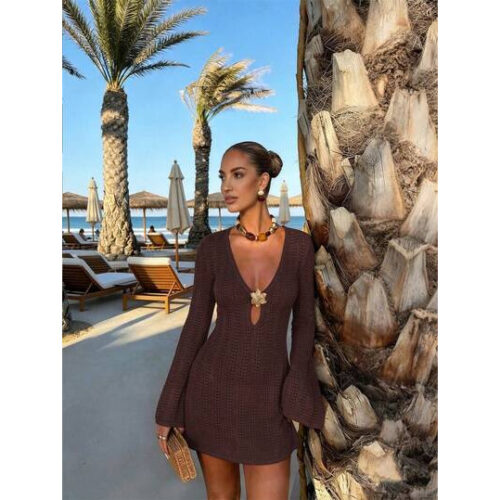 FOR BEAUTY Novo Vestido de Malha Feminino, Estilo Casual de Férias de Verão, Adequado para Atividades ao Ar Livre no Verão, Vestido Marrom, Vestido de Praia, Vestido de Verão, Boho Chic – Tamanho M