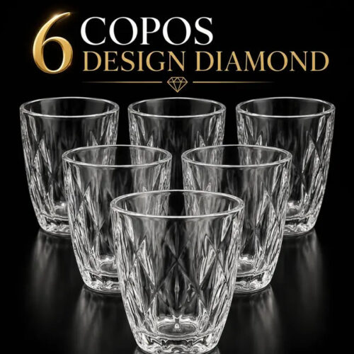 Jogo de Copos Diamante 300ml em Vidro Grosso Transparente Kit com 6 Unidades – KFJ