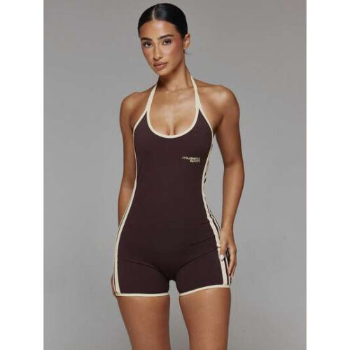 Musera Sport Macacão de Atividade Ajustado com Decote Frente em U, Listra Lateral, Costas Baixas, Cor Contrastante Amarelo Manteiga, Outono Inverno, Academia, Pilates, Fitness, Casual Diário – Tamanho S