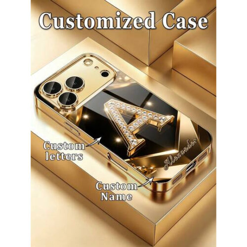 1 Peça Capa de Telefone Personalizada com Nome, Padrão de Letras com Strass Completo, Vidro Dourado Eletrolítico, Adequada para 16 Pro Max/15, Presente Personalizado, Tecnologia Inspirada em Joias – Tamanho iPhone 11 Pro Max