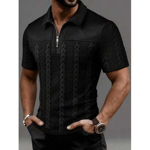 Top Polo Masculina Casual, Tecido de Textura de Trigo para Primavera/Verão, Cor Sólida com Colarinho, Zíper e Recortes, Manga Curta – Tamanho XL